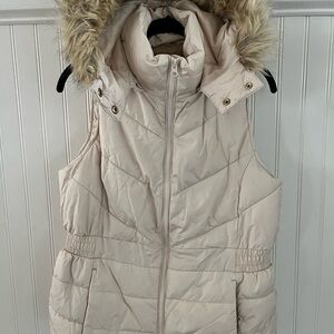 Banana Republic Light Beige Puffer Vest with Faux Fur Hood